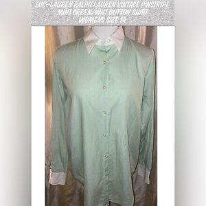 EUC-Lauren Ralph Lauren Vintage Pinstripe Mint Green/Wht Button Shirt Womens 14
